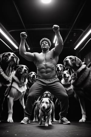 black and white, A photo of a hulk, surrounded by a group of dogs wearing light grey and dark blue tracksuits, playing music at an underground club, shot on film, from Salgado 