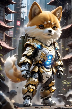 Angry Shiba Inu Dog mecha robo soldier character, anthropomorphic figure, wearing futuristic slive soldier armor and weapons, reflection mapping, realistic figure, hyperdetailed, cinematic lighting photography, 32k uhd with a golden staff, rgb lighting on suit, 

By: panchovilla,mecha, 1 cute little girl