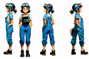 A young woman, named CHICHICO, in blue overalls with a pair of goggles on her head,Black T-shirt,black shoes,children's book illustration style,  Anime,Enhanced All,ghibli,greg rutkowski, full body,standing ,a view taken from a rear three-quarter angle,CHICHICO  leans her upper body forward, with both hands resting on the table, looking at the design blueprint on the table.