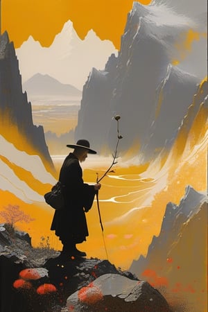 Painting of a pilgrim dropping seeds, surrounded by mountains, in the style of Harry Clarke, light gold and dark black, Chesley Bonestell, Yoshitaka Amano, decaying landscapes, large-scale figuration, panorama