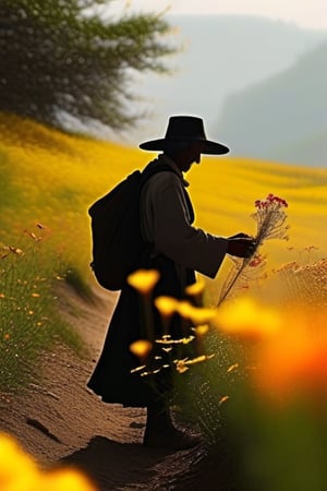 the silhouette of a pilgrim dropping seeds on the way back, flowers grow along the way