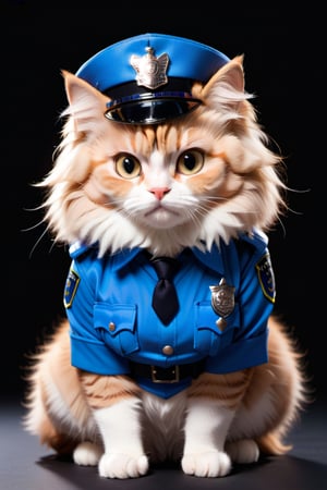  Fluffy cat in police officer costume, studio light style photographic portrait, black background, high resolution photo 