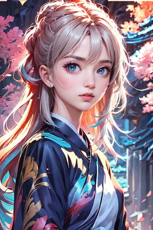 A girl, wearing hanfu, peony garden, (Cinematic lighting, ethereal light, intricate details, extremely detailed, incredible details, full colored), 1girl, lily_\(flower\), white_flower, black_border, pink_flower, earrings, lotus, solo, daisy, cherry_blossoms, jewelry, floral_background, hair_ornament, branch, upper_body, looking_at_viewer, lips, floral_print,sangonomiya kokomi (sparkling coralbone)