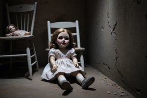 A dimly lit basement with cracked concrete walls and a dirt floor. In one corner, an old rocking chair slowly moves back and forth with a creepy porcelain doll sitting in it. The doll’s eyes seem to follow you, and its cracked face adds to the unsettling atmospher