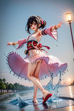 8k, masterpiece, highly detailed, high quality, woman wearing gown robe, robes, priestess clothes, blue white green robes, long sleeves, oversized sleeves, kimono sleeves, dripping sleeves, water dress, rippling, full body shot, 1 girl in a dancing pose with long teal hair like a wave of water, hair flip, flipping hair, , arms extended, arms 3 pm, dancing pose, dynamic pose, great wave of kanagawa, riverbank background, wide angle, motion blur, 