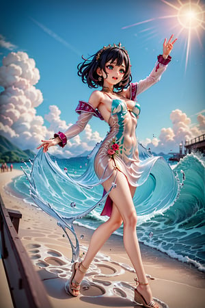 8k, masterpiece, highly detailed, high quality, woman wearing gown robe, robes, priestess clothes, blue white green robes, long sleeves, water dress, rippling, full body shot, 1 girl in a dancing pose with long teal hair like a wave of water, hair flip, flipping hair, , arms extended, arms 3 pm, dancing pose, great wave of kanagawa, city background,