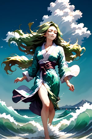 8k, masterpiece, highly detailed, high quality, woman wearing gown robe, robes, wind blowing clothes, blue white green robes, water dress, rippling, full body shot, 1 girl in a running pose with long teal hair like a wave of water, long hair, hair flip, flipping hair, arms extended, legs apart, dynamic pose, great wave of kanagawa, wide angle, dynamic angle, motion blur, colorful, backlighting, jewelry, clouds, sky, watercolor (medium),more detail XL