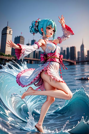 8k, masterpiece, highly detailed, high quality, woman wearing gown robe, robes, priestess clothes, blue white green robes, long sleeves, oversized sleeves, kimono sleeves, dripping sleeves, water dress, rippling, full body shot, 1 girl in a dancing pose with long teal hair like a wave of water, hair flip, flipping hair, , arms extended, arms 3 pm, dancing pose, dynamic pose, great wave of kanagawa, city background, wide angle, motion blur, 