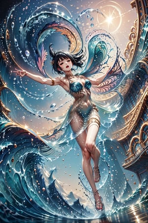 8k, masterpiece, highly detailed, high quality, woman wearing gown robe, robes, wind blowing clothes, blue white green robes, long sleeves, oversized sleeves, kimono sleeves, dripping sleeves, water dress, rippling, full body shot, 1 girl in a running pose with long teal hair like a wave of water, long hair, hair flip, flipping hair, arms extended, legs apart, arms 3 pm, dancing pose, dynamic pose, great wave of kanagawa, wide angle, dynamic angle, motion blur, colorful, crystal, gold, backlighting,