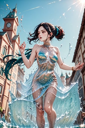 8k, masterpiece, highly detailed, high quality, woman wearing gown robe, robes, wind blowing clothes, blue white green robes, water dress, rippling, full body shot, 1 girl in a running pose with long teal hair like a wave of water, long hair, hair flip, flipping hair, arms extended, legs apart, dynamic pose, great wave of kanagawa, wide angle, dynamic angle, motion blur, colorful, crystal, gold, backlighting, jewelry,