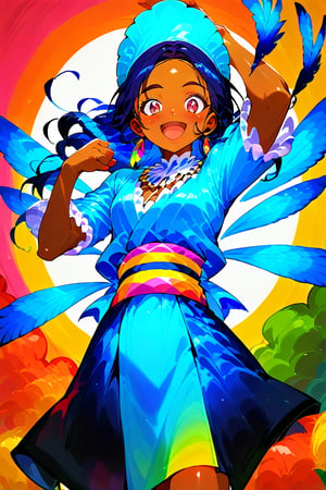 score_9, score_8_up, score_7_up, 1girl, 1 girl with samba clothes danching,  body jewelry, jewerly, jeweled clothing, dark skin, dark-skinned female, glistening skin, watercraft, complex colorful background, hip bones, open legs, plump, feather wings, peacock feathers, headdress with feathers, smiling, open mouth, long hair, hair flip, flipping hair, arms extended, legs apart, dynamic pose, dancing pose, wide angle, dynamic angle, motion blur, colorful, backlighting, vibrant colors,