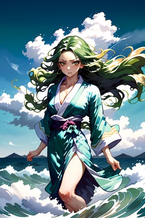 8k, masterpiece, highly detailed, high quality, woman wearing gown robe, robes, wind blowing clothes, blue white green robes, water dress, rippling, full body shot, 1 girl in a running pose with long teal hair like a wave of water, long hair, hair flip, flipping hair, arms extended, legs apart, dynamic pose, great wave of kanagawa, wide angle, dynamic angle, motion blur, colorful, backlighting, jewelry, clouds, sky, watercolor (medium),more detail XL