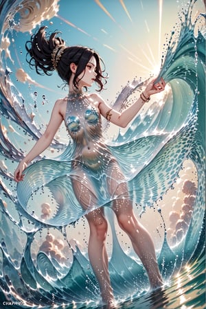 8k, masterpiece, highly detailed, high quality, woman wearing gown robe, robes, wind blowing clothes, blue white green robes, water dress, rippling, full body shot, 1 girl in a running pose with long teal hair like a wave of water, long hair, hair flip, flipping hair, dark skin female, dark skin, arms extended, legs apart, dynamic pose, great wave of kanagawa, wide angle, dynamic angle, motion blur, colorful, backlighting, jewelry, clouds, sky,