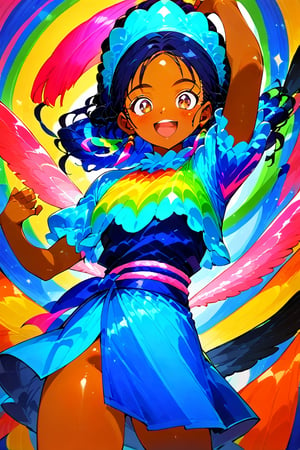 score_9, score_8_up, score_7_up, 1girl, 1 girl with samba clothes danching,  body jewelry, jewerly, jeweled clothing, dark skin, dark-skinned female, glistening skin, watercraft, complex colorful background, hip bones, open legs, plump, feather wings, peacock feathers, headdress with feathers, smiling, open mouth, long hair, hair flip, flipping hair, arms extended, legs apart, dynamic pose, dancing pose, wide angle, dynamic angle, motion blur, colorful, backlighting, vibrant colors,