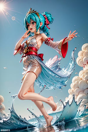 8k, masterpiece, highly detailed, high quality, woman wearing gown robe, robes, priestess clothes, blue white green robes, long sleeves, oversized sleeves, kimono sleeves, dripping sleeves, water dress, rippling, full body shot, 1 girl in a dancing pose with long teal hair like a wave of water, hair flip, flipping hair, , arms extended, arms 3 pm, dancing pose, dynamic pose, great wave of kanagawa, city background, wide angle, motion blur, 
