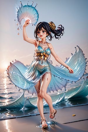 8k, masterpiece, highly detailed, high quality, woman wearing gown robe, robes, priestess clothes, blue white green robes, long sleeves, oversized sleeves, kimono sleeves, dripping sleeves, water dress, rippling, full body shot, 1 girl in a dancing pose with long teal hair like a wave of water, hair flip, flipping hair, , arms extended, arms 3 pm, dancing pose, dynamic pose, great wave of kanagawa, wide angle, motion blur, colorful, crystal, gold, backlighting,