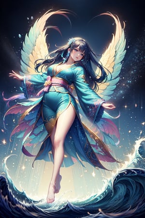 8k, masterpiece, highly detailed, high quality, woman wearing gown robe, robes, wind blowing clothes, blue white green robes, long sleeves, oversized sleeves, kimono sleeves, dripping sleeves, water dress, rippling, full body shot, 1 girl in a running pose with long teal hair like a wave of water, long hair, hair flip, flipping hair, arms extended, legs apart, arms 3 pm, dancing pose, dynamic pose, great wave of kanagawa, wide angle, dynamic angle, motion blur, colorful, crystal, gold, backlighting,