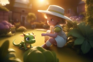 /imagine prompt:a little 8 year old girl, with a curious expression, in a garden, and a baby dragon., Sublime, Cloudcore, Golden Hour, cow-boy shot, Game engine rendering, Contrasty, Performance, lime colors, Metal, Xray lighting, 4K