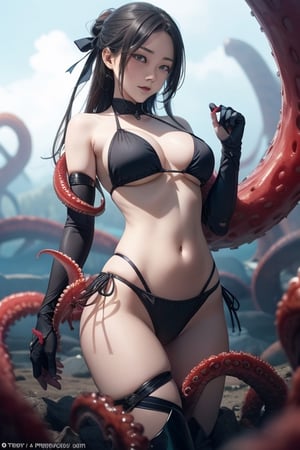 Prompt: Prompt: japanese woman a blave man wear  bikini armor. Being raped by tentacles.