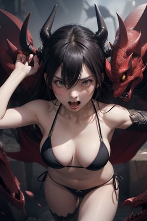 Prompt: Prompt: japanese woman a blave man wear  bikini armor. She has smallbreasts.Being raped by devil.Her expression is frightened.