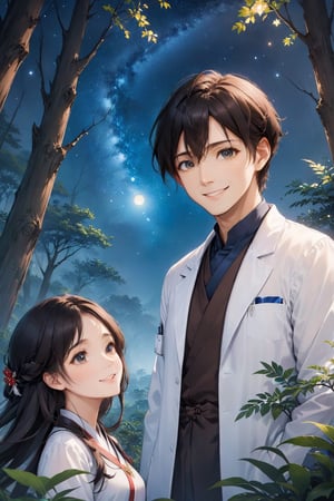 In the vast forest under the starry sky, two doctors, one male and one female, the man smiling as he gazes at the woman, the woman with a face full of happiness, in an adorable Korean-style painting.,anime