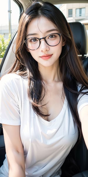 1 girl, single, long hair, chest, looking at the audience, smiling, black hair, shirt, glasses, brown eyes, white shirt, upper body, daytime, lips, Lexus ES, t-shirt, realistic, inside the car