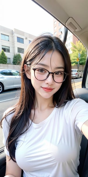 1 girl, single, long hair, chest, looking at the audience, smiling, black hair, shirt, glasses, brown eyes, white shirt, upper body, daytime, lips, Lexus ES, t-shirt, realistic, outside the car