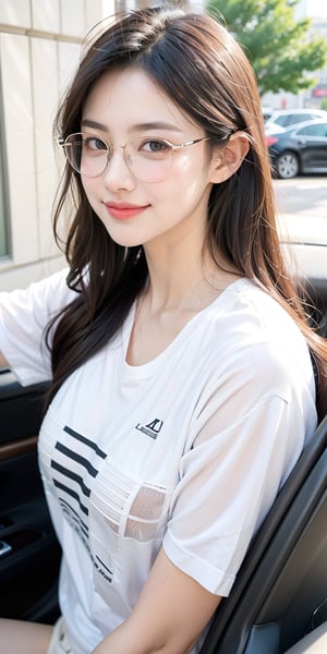 1 girl, single, long hair, chest, looking at the audience, smiling, black hair, shirt, glasses, brown eyes, white shirt, upper body, daytime, lips, Lexus ES, t-shirt, realistic, outside the car