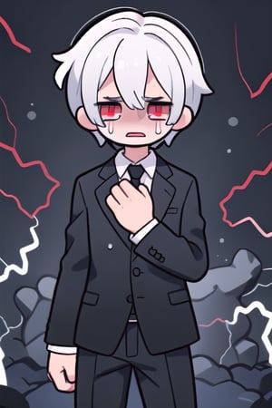man in black suit, crying, red eyes with electricity and white hair