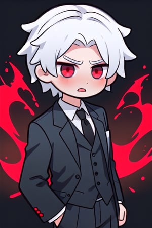 man in black suit, surprised, red eyes and white hair