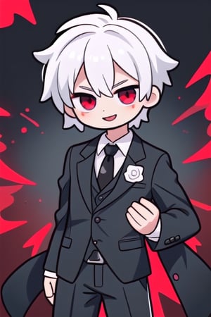 man in black suit, happy, red eyes and white hair