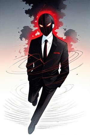 man in a black suit, with a mask with red and black lines, in the sky looking at the dusk