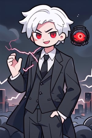 man in black suit, laughing in the sky, red eyes with electricity and white hair