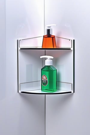 acrylic corner shelf, shampoo bottle, oil bottle