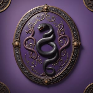 An oval antique shield depicting a black snake on a purple background.