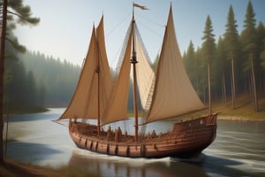 A scene from the Bronze Age.
A full-body representation
A picture in strong colors.

A mixture of schooner and galley with a mast and a tent on the aft deck.
On a river with a pine forest on the banks.


