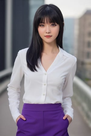 Elegant beautiful young half japanese girl. straight long black hair with bangs. long shaped face. thin eyebrows, big round purple eyes. short eyelashes, hollow cheeks, long neck.
Analytic expression, with a slight smile. thin lips, small mouth.  long and slim body. femenine body, broad shoulders. purple buttoned shirt, White jacket. 
Slinky dark blue skirt. necklaces. 
city background
