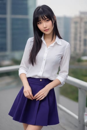Elegant beautiful young half japanese girl. straight long black hair with bangs. long shaped face. thin eyebrows, big round purple eyes. short eyelashes, hollow cheeks, long neck.
Analytic expression, with a slight smile. thin lips, small mouth.  long and slim body. femenine body, broad shoulders. button shirt purple, slinky dark blue skirt over the knee. white light jacket, rolled-up sleeves. necklaces. city background
