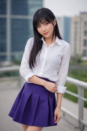 Elegant beautiful young half japanese girl. straight long black hair with bangs. long shaped face. thin eyebrows, big round purple eyes. short eyelashes, hollow cheeks, long neck.
Analytic expression, with a slight smile. thin lips, small mouth.  long and slim body. femenine body, broad shoulders. button shirt purple, slinky dark blue skirt over the knee. 
White  rolled-up jacket. necklaces. city background
