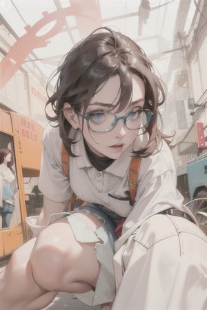 Create a hyper-realistic 50 year old woman in a knee-length jean skirt, blue eyes, pale skin, wearing knee-length jean skirt, glasses, side angle
