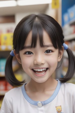 1girl, looking at viewer, smile, open mouth, shirt, black hair, upper body, teeth, solo focus, child, realistic, shop