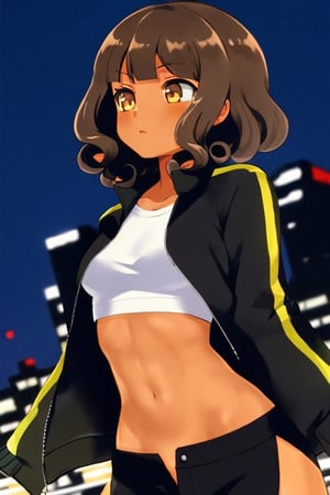 detailed, beautiful, half of the body, girl, short black curly hair, black painted nails, light tan skin color, jacket that shows his abdomen, fitted white shirt, brown eyes, looking away, city background at night 