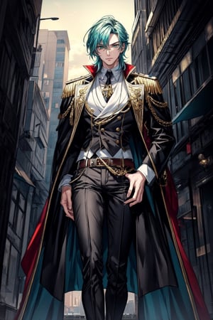 //quality, (masterpiece), (detailed), ((,best quality,)),//,(1boy), (mature man), (tall), ((very tall),//,hairstyle, long hair, (cyan hair: 1.3), detailed eyes, ((emerald green eyes)),//, fit body, He wears an oriental-styled black tailcoat with red clothed insides and gray trousers. The tailcoat is embroidered with gold and dark blue colors, and he wears a black belt alongside a styled metal decoration on his left thigh. He also wears a black glove on his right hand, and bandages can be seen wrapped around his right arm, right thigh, and on his left hand; action: arms crossed; scenery: nighttime, busy city, cyberpunk city.