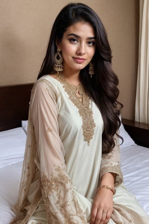 beautiful cute young attractive girl indian, teenage girl, village girl,18 year old,cute, instagram model,long black hair . Envision a Pakistani girl in a beautiful white shalwar kameez, seated elegantly on a bed, her chest subtly emphasized, exuding confidence and grace, adorned with exquisite jewelry including dangling earrings, Paperwork, intricate paper cutting with layered textures and delicate patterns, --ar 16:9 --v 5