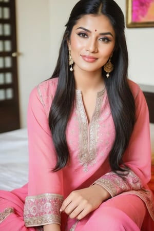 beautiful cute young attractive girl Pakistani, teenage girl, village girl,18 year old,cute, instagram model,long black hair . Envision a Pakistani girl in a beautiful pink shalwar kameez, seated elegantly on a bed, her chest subtly emphasized, exuding confidence and grace, adorned with exquisite jewelry including dangling earrings, Paperwork, intricate paper cutting with layered textures and delicate patterns, --ar 16:9 --v 5,Pakistani Model