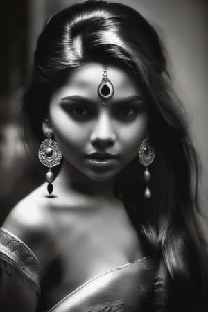 (1indian girl, solo, long hair, looking at viewer, closed mouth, monochrome, greyscale, earrings, lips, eyelashes, portrait), detailed textures, high quality, high resolution, high Accuracy, realism, color correction, Proper lighting settings, harmonious composition, Behance works,DonMD1g174l4sc3nc10nXL,photo r3al