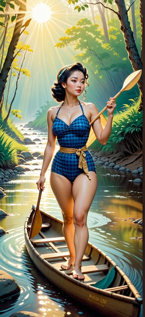 classic 1950’s pinup in the style of Norman Rockwell, a beautiful young vietnamese woman in a blue checkered swimsuit holding a canoe paddle, next to a flowing creek, sun rising just over the trees creating golden rays of sunshine,