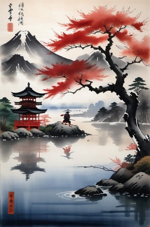 Aquarell, peinture japonaise, un beau black and red samurai s'entraîne sur le fallait, vue d'oiseau rapprochée, rivière, faible contrast,
art by ukiyo-e.