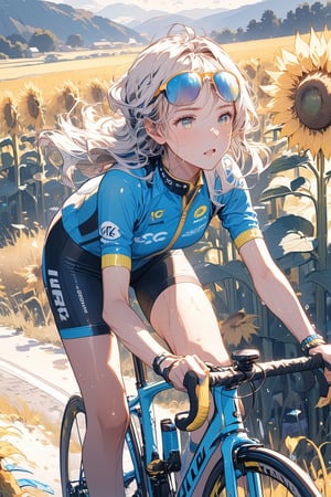 (masterpiece:1.2), best quality, ultra-detailed, 8K,  ((road bike cycling)), Tour de France, Bicycle racer, racing bicycle, road bike is Tiffany_blue color, bend_handlebar, female road racer, (yellow helmet), sunglasses, yellow zipper-opened jersey , yellow bib-short, in the style Of intense athletic competitions, a girl, emo, sweat, wet, 2hands hold on the upper handlebar , scorching sun, action shot, cowboy shot, scenery, Sunflower fields, mountainous region,