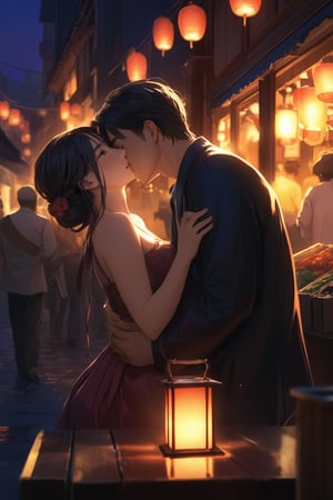 Masterpiece, best quality, ultra-detailed, As the afterglow of the sunset bathes the bustling market, a couple sits at its edge, Surrounded by lanterns and colorful streamers, the man gently pulls the woman into his embrace, planting a tender kiss on her lip, (a couple),  highres, absurdres,